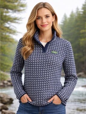 L.L Bean Women’s Sweater Fleece Pullover T Snap Blue Birdseye Print Plus Size 2X